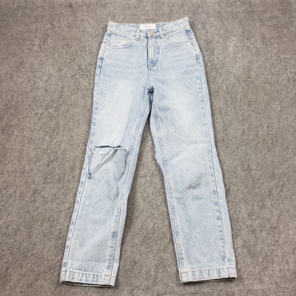 Hannelau Jeans Womens Extra Small Mom High Rise Light Wash Distressed‎ Denim